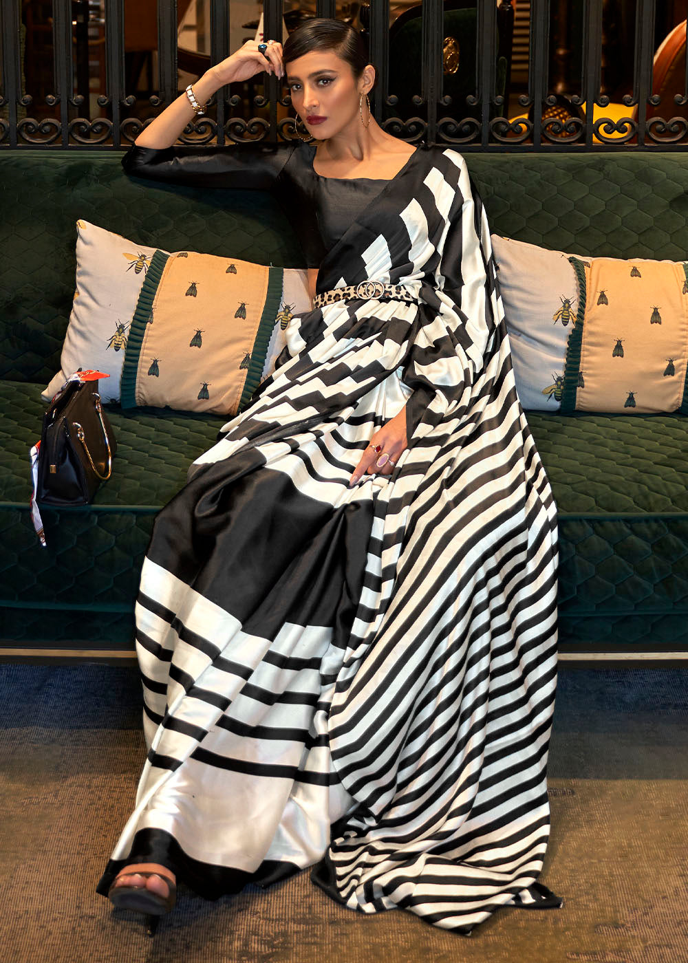 White & Black Designer Satin Crepe Printed Saree : Top Pick