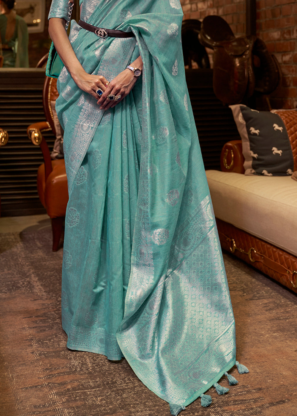 Oceanic Teal Blue Woven Linen Silk Saree