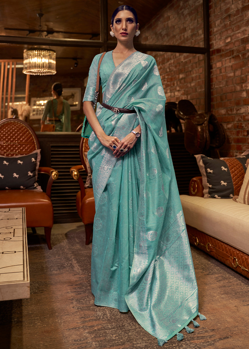 Oceanic Teal Blue Woven Linen Silk Saree