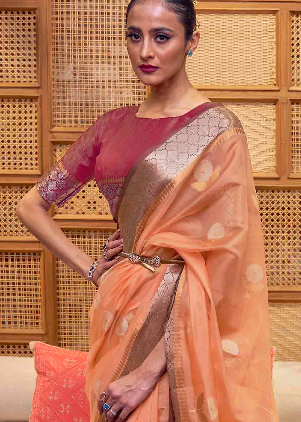 Salmon Orange Two Tone Organza Silk Saree