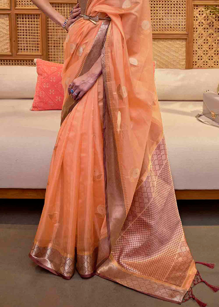 Salmon Orange Two Tone Organza Silk Saree