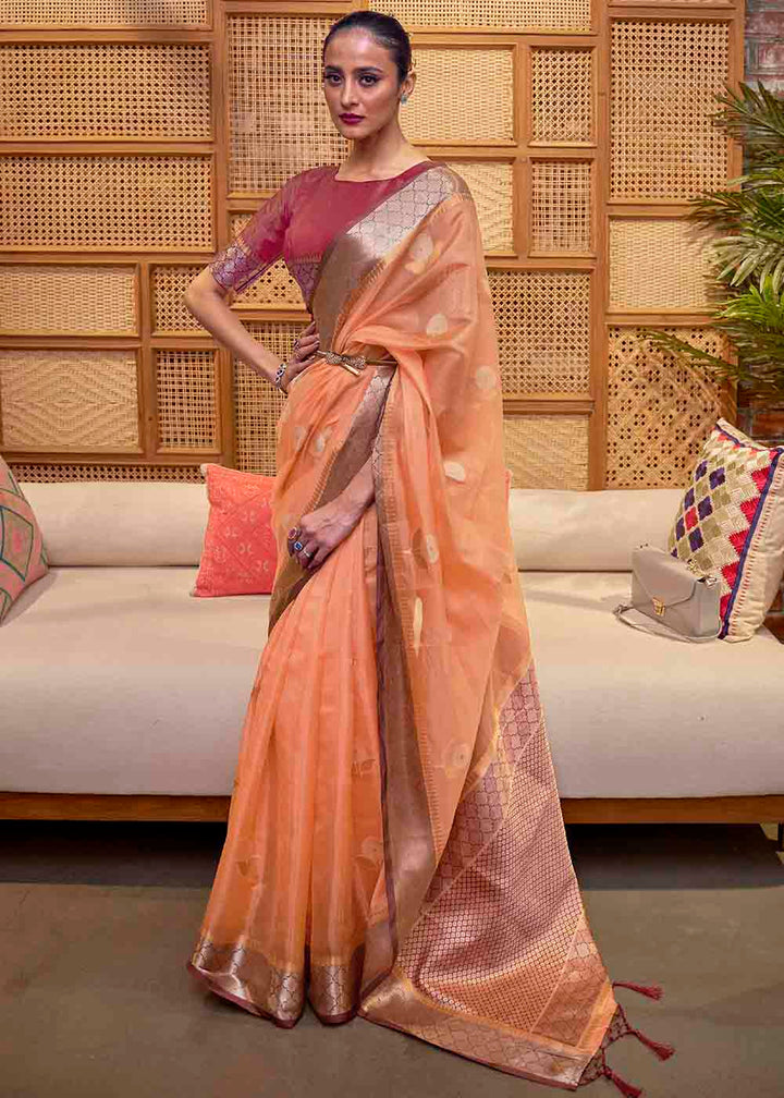 Salmon Orange Two Tone Organza Silk Saree