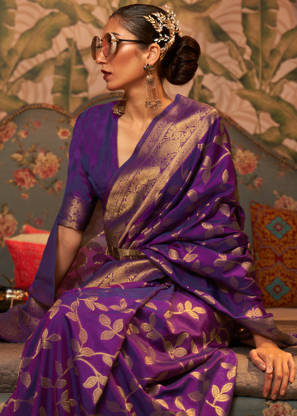 Lollipop Purple Woven Floral Banarasi Silk Saree