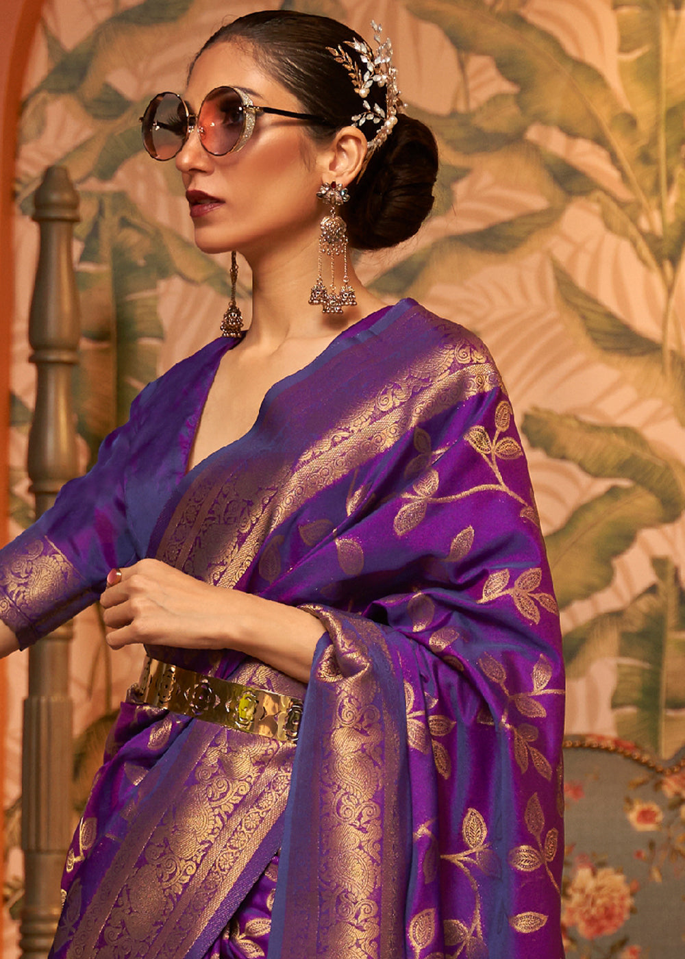 Lollipop Purple Woven Floral Banarasi Silk Saree