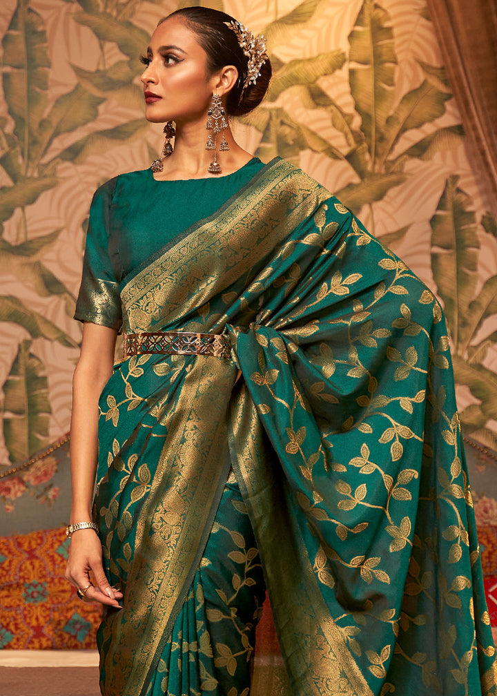 Dark Sea Green Woven Floral Banarasi Silk Saree