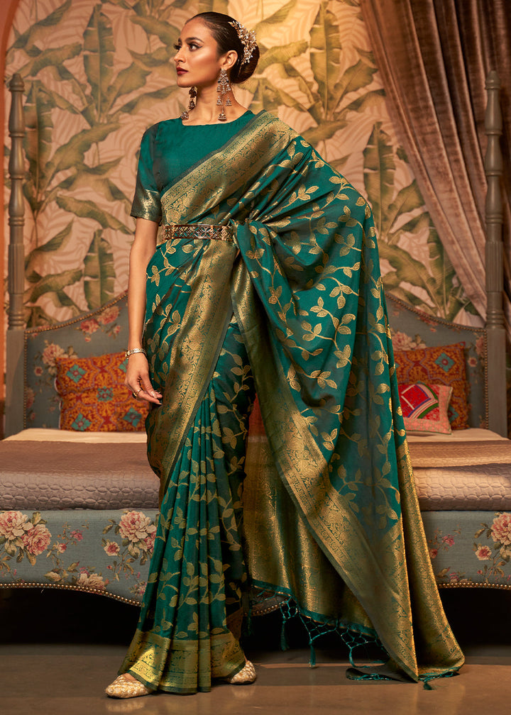 Dark Sea Green Woven Floral Banarasi Silk Saree