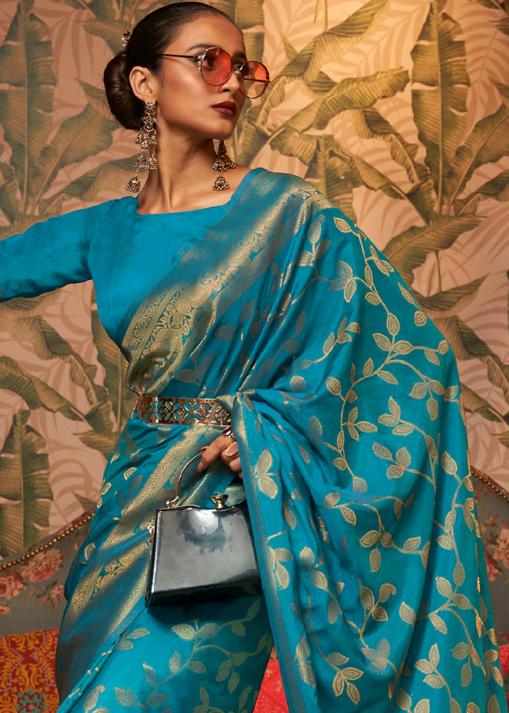 Dark Cerulean Blue Woven Floral Banarasi Silk Saree