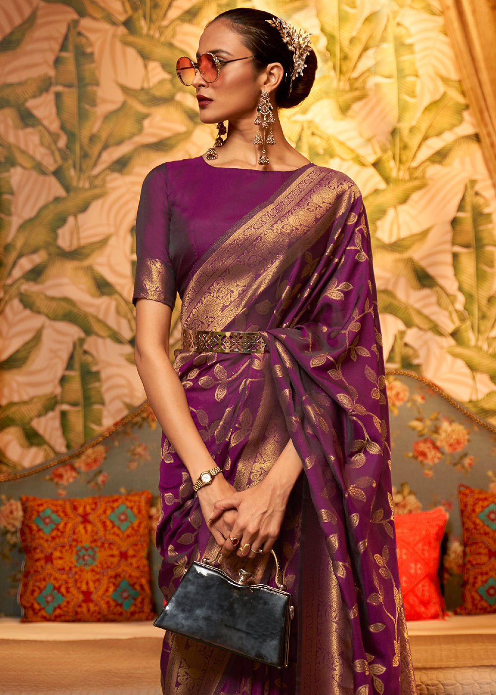 Byzantine Purple Woven Floral Banarasi Silk Saree