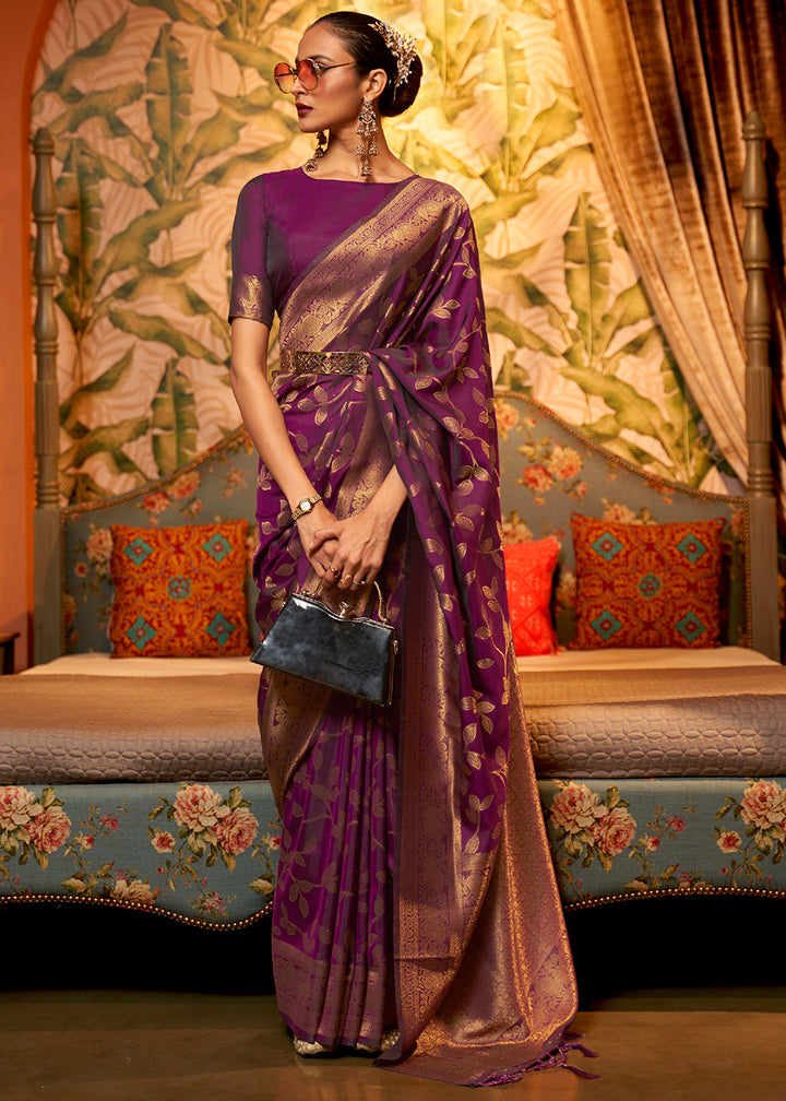 Byzantine Purple Woven Floral Banarasi Silk Saree