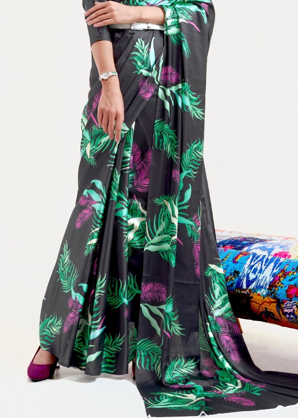 Ebony Black Digital Printed Satin Crepe Saree