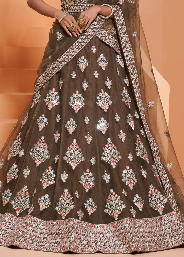 Army Green Net Lehenga Choli with Cording,Thread Embroidery, Zarkan & Badla work