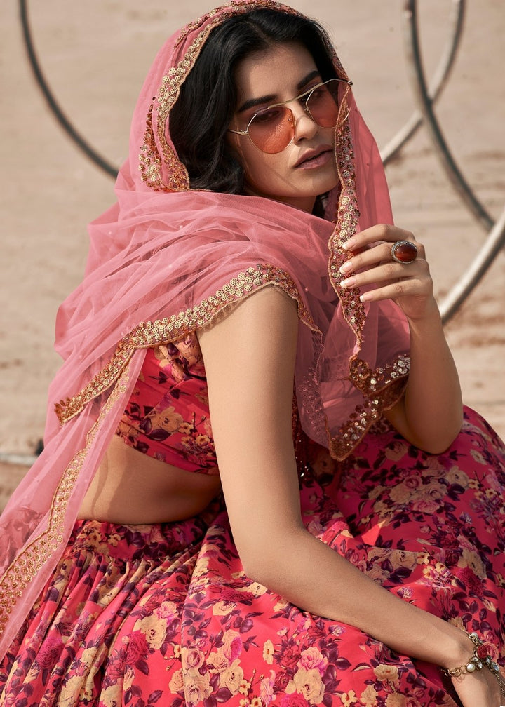 Punch Pink Designer Printed Organza Lehenga with Soft Net Dupatta