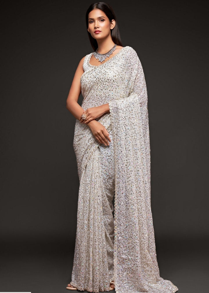 Pearl White Sequins & Thread Embroidered Designer Georgette Saree: Top Pick