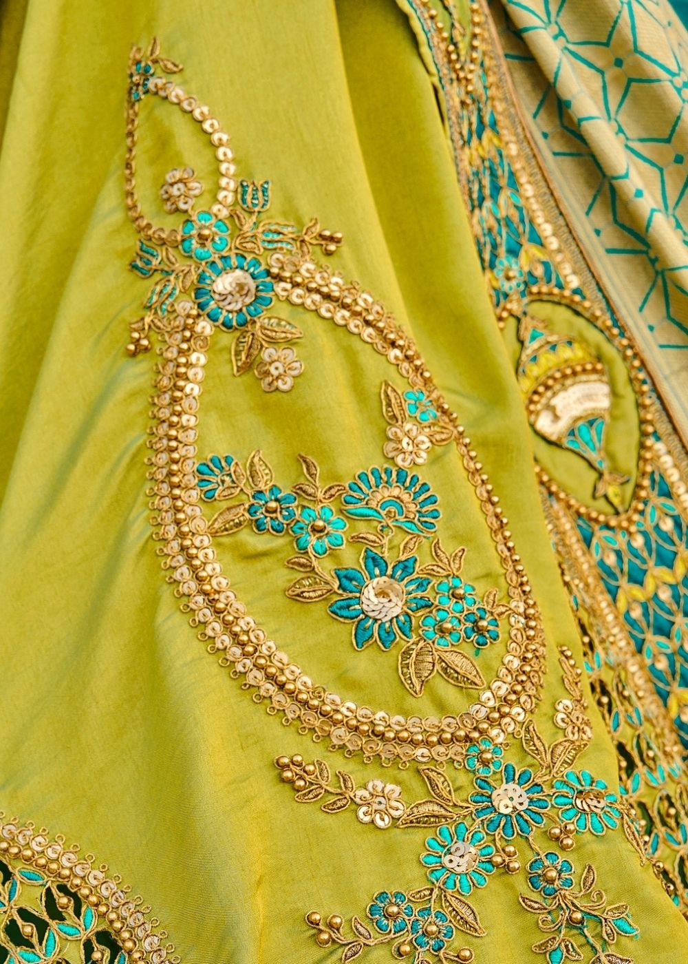 Green and Blue Half N Half Silk Saree with Embroidered work