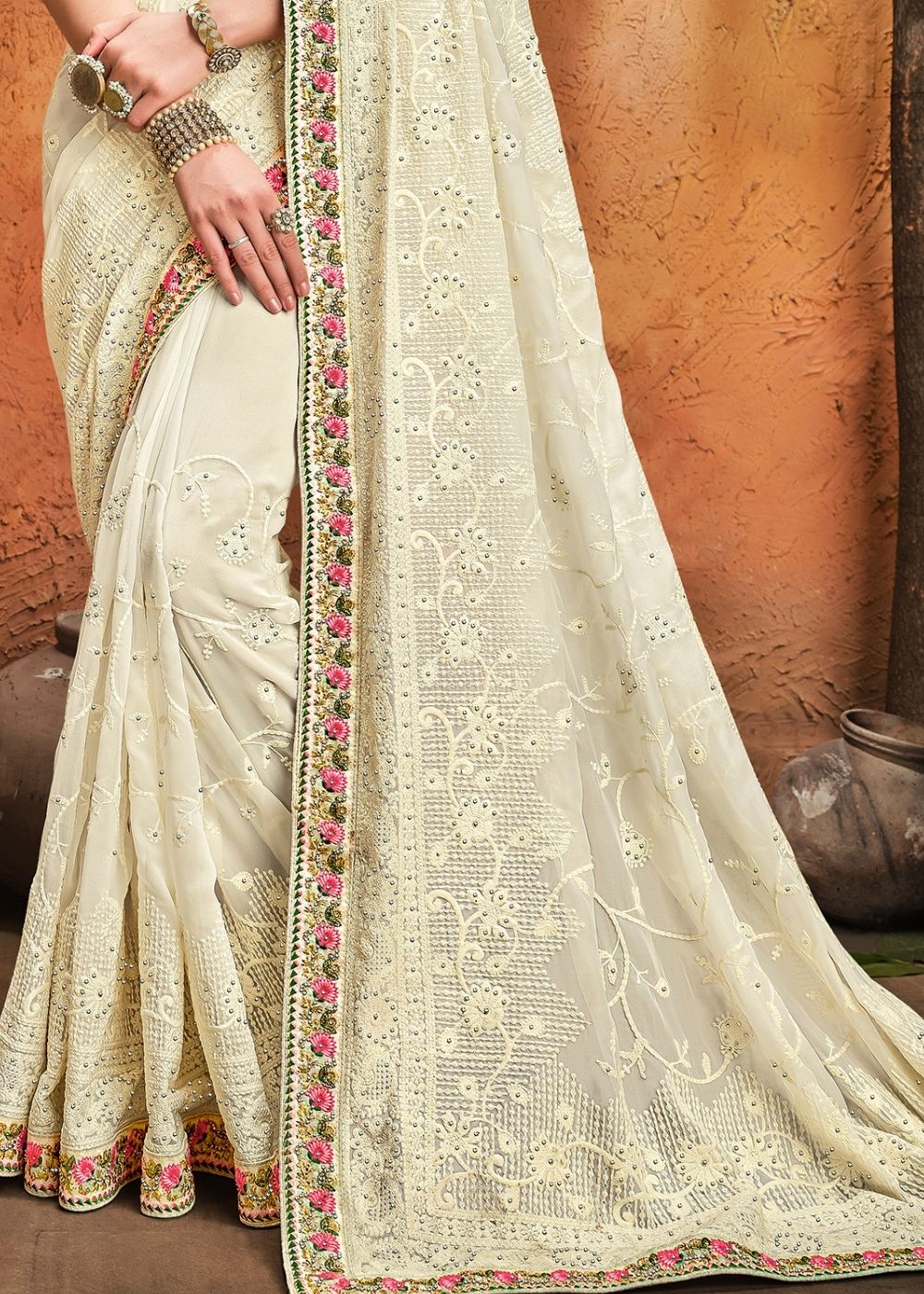 Linen White Pure Georgette Saree with Moti, Cut-Dana & Lucknowi work