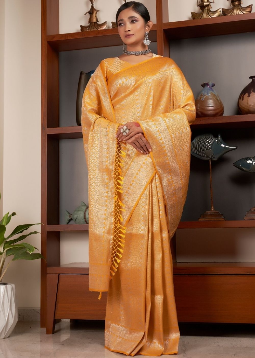 Gold Yellow Silver Zari work Kanjivaram Silk Saree