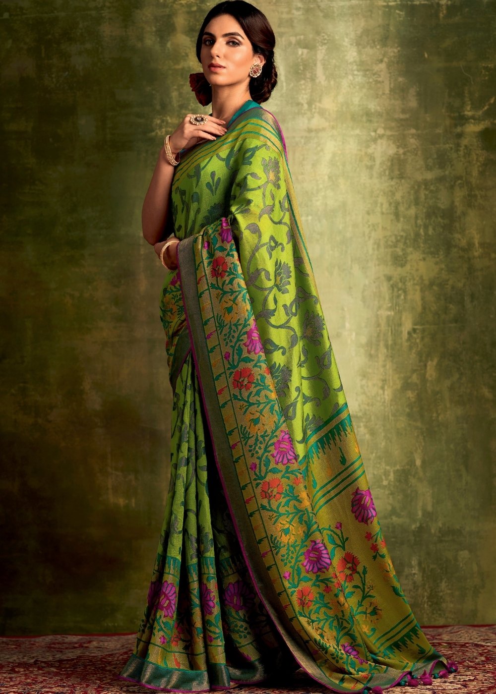 Slime Green Designer Soft Brasso Silk Saree