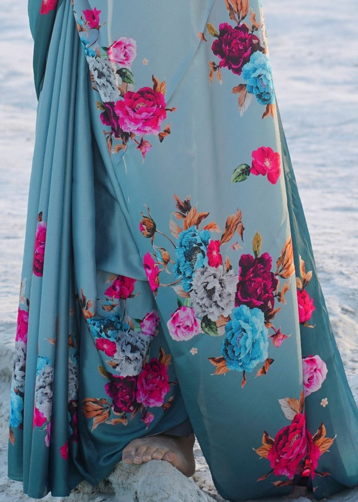 Turkish Blue Digital Printed Crepe Silk Saree