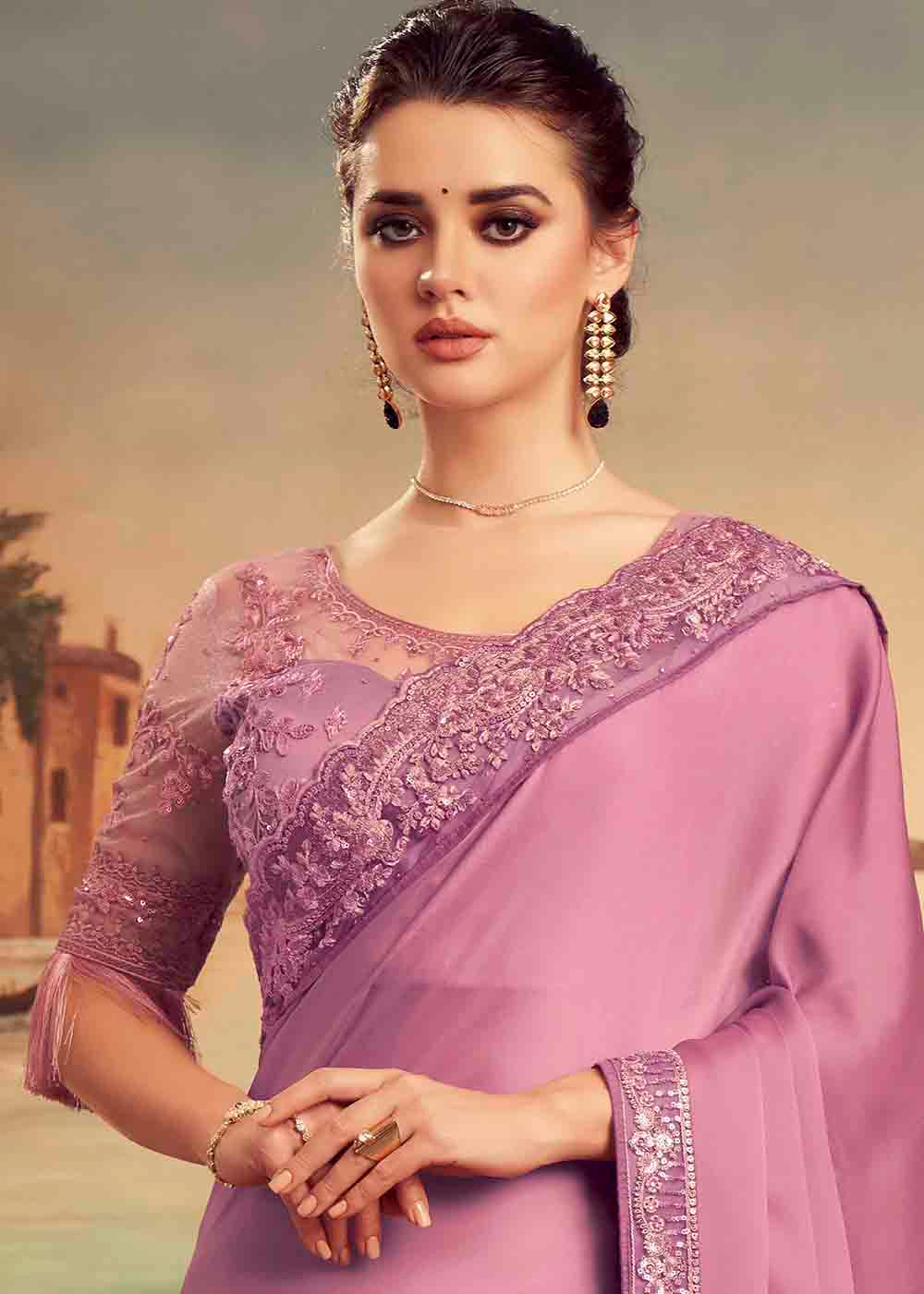 Lilac Purple Designer Embroidered Satin Silk Saree with Sequence work