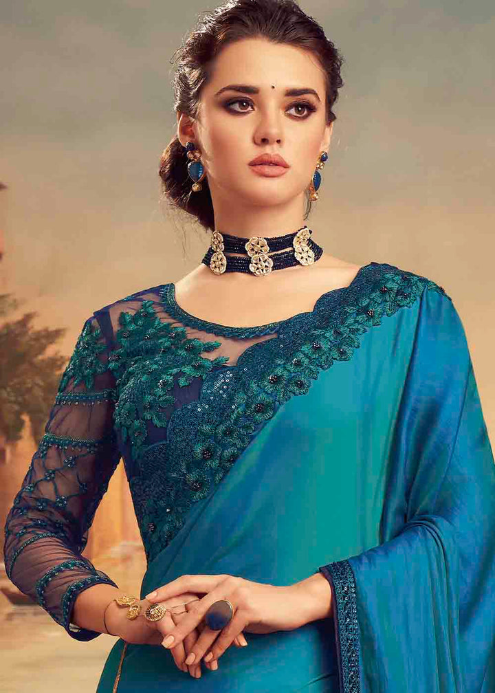 Shades Of Blue Designer Embroidered Satin Silk Saree with Sequence work