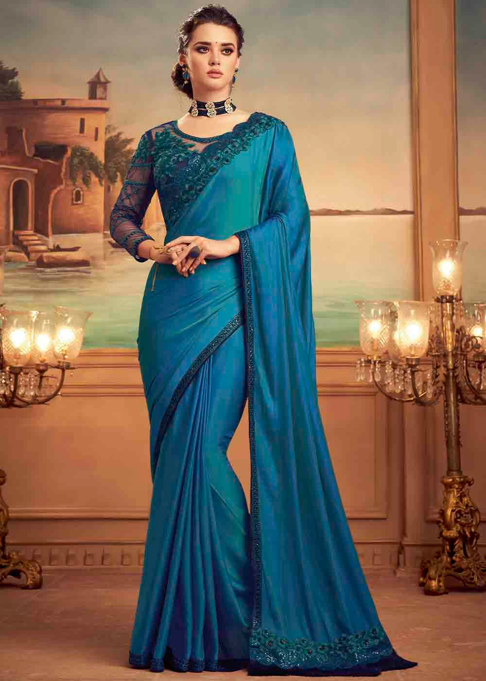 Shades Of Blue Designer Embroidered Satin Silk Saree with Sequence work