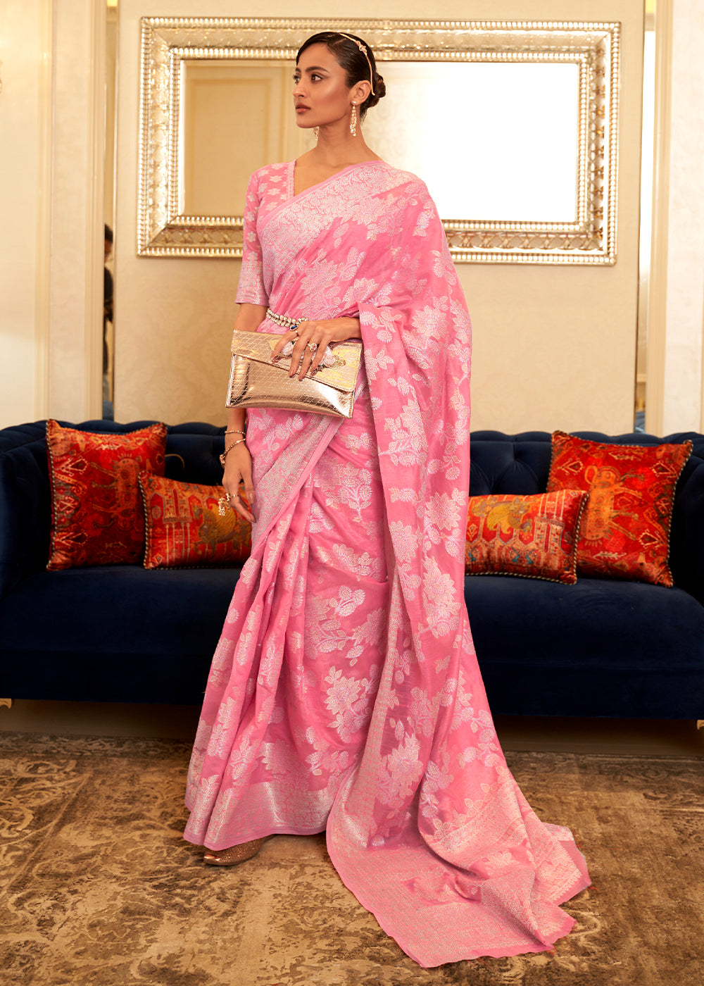 Flamingo Pink Chikankari Weaving Banarasi Cotton Silk Saree