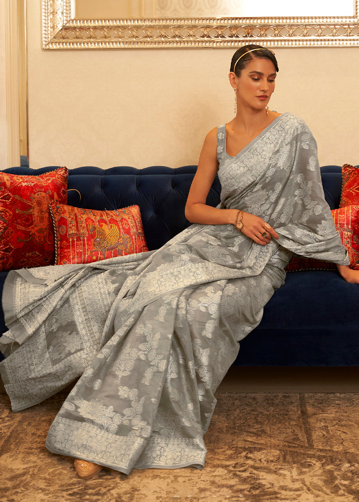 Koala Grey Chikankari Weaving Banarasi Cotton Silk Saree