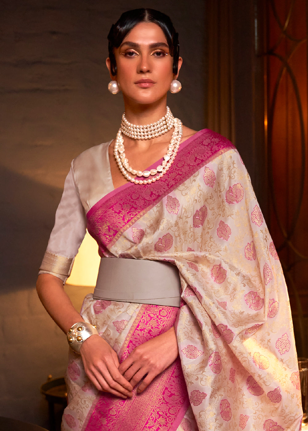 White & Pink Zari Woven Soft Silk Saree