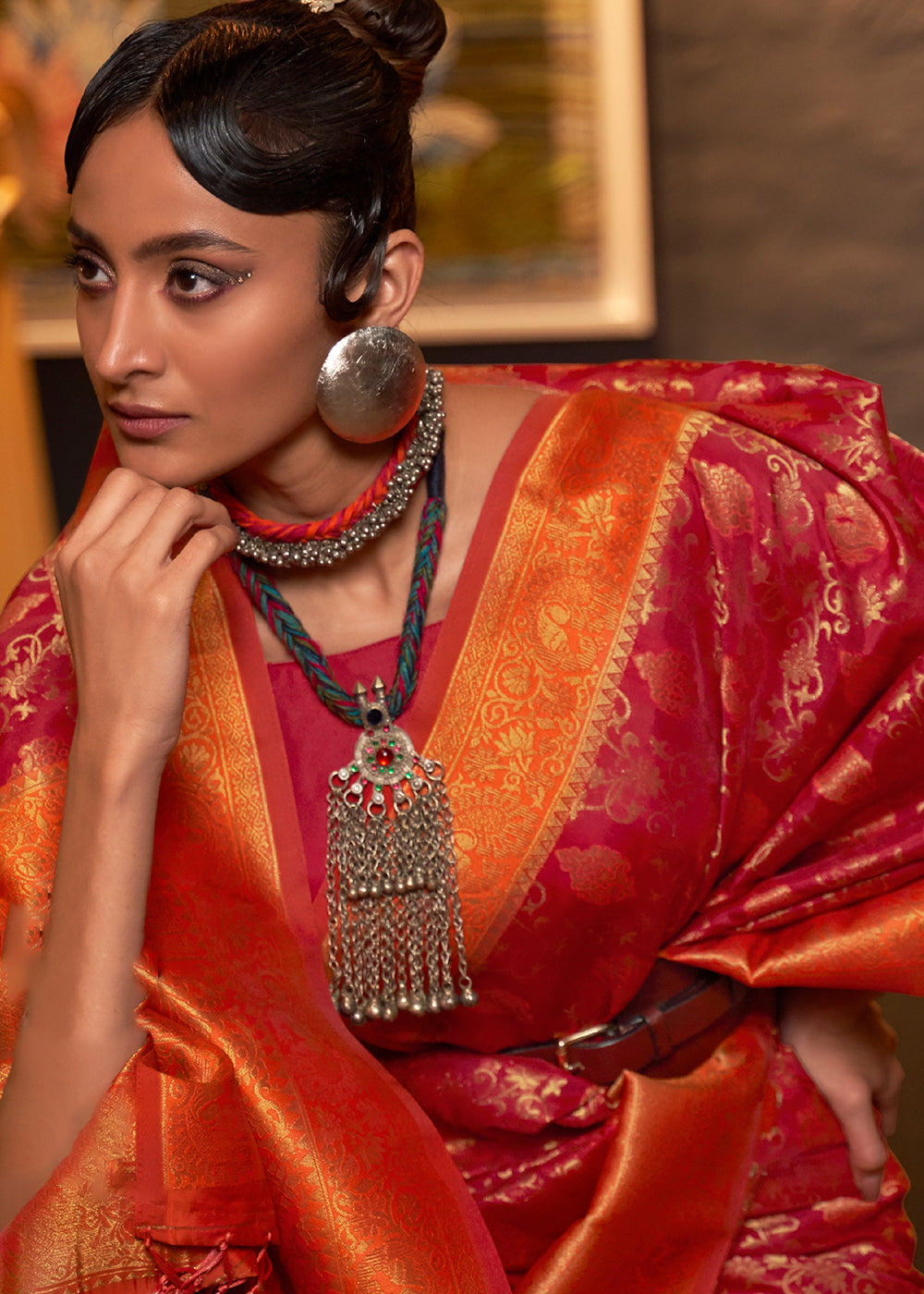 Red & Orange Zari Woven Soft Silk Saree