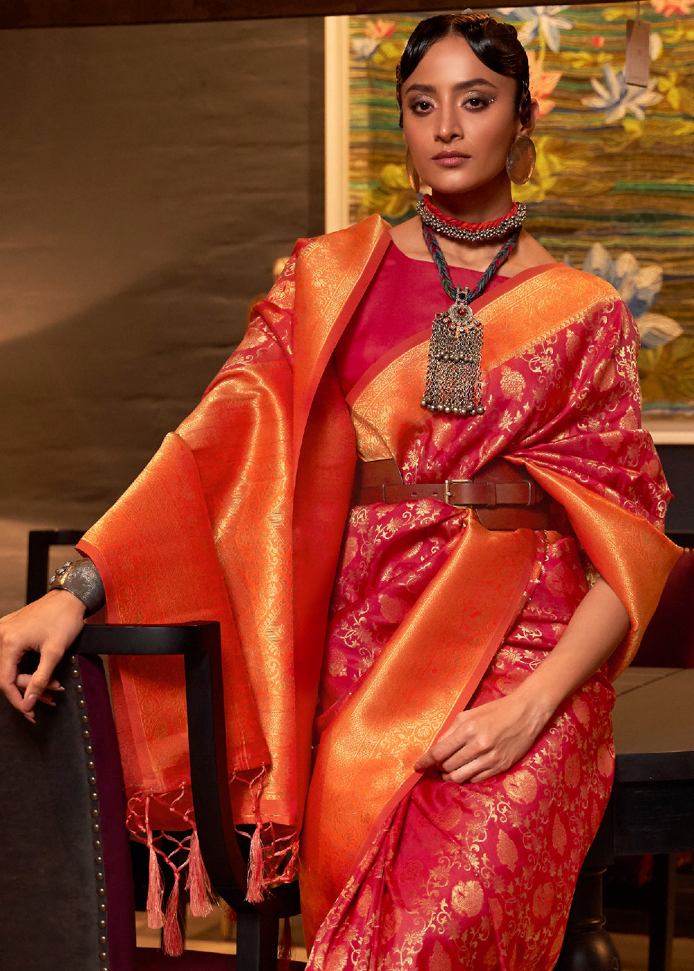 Red & Orange Zari Woven Soft Silk Saree