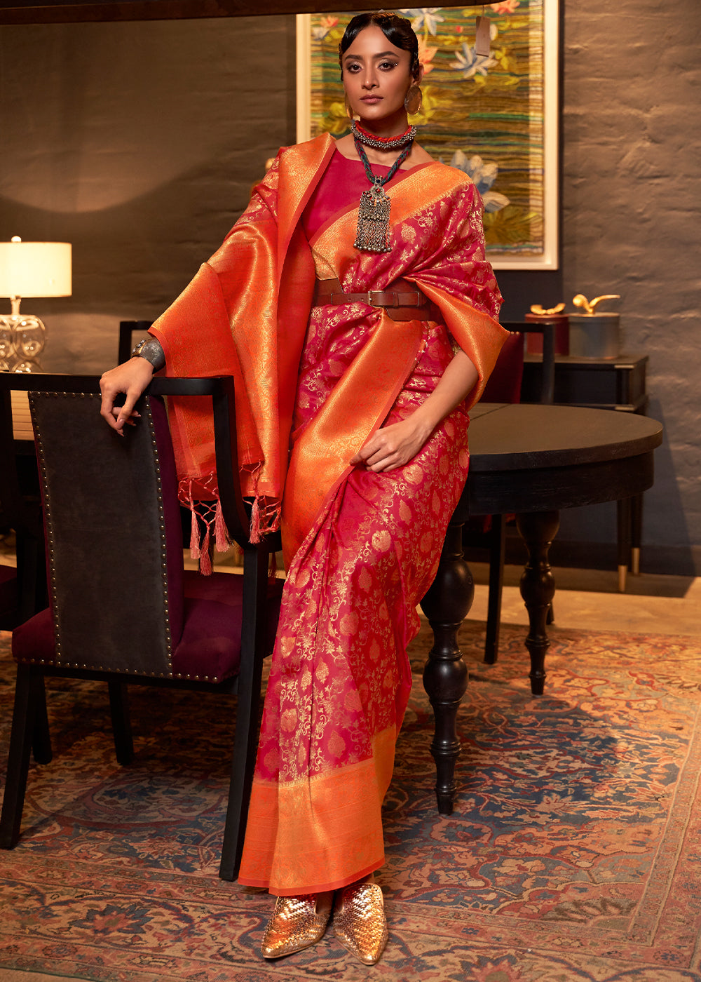 Red & Orange Zari Woven Soft Silk Saree