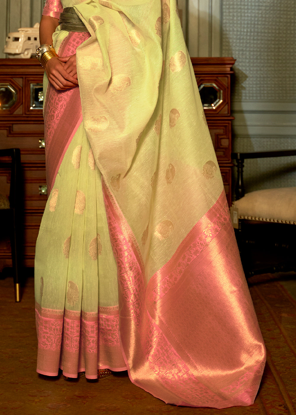 Light Lime Green Copper Zari Woven Linen Silk Saree