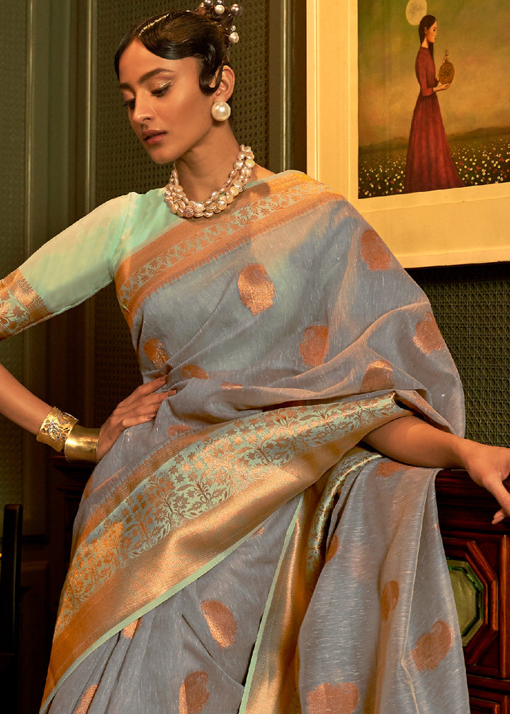 Lead Grey Copper Zari Woven Linen Silk Saree