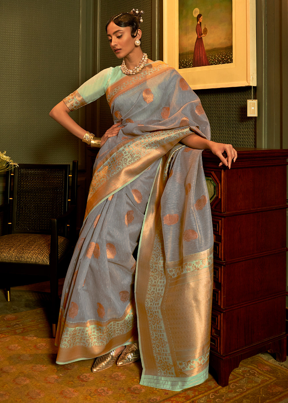 Lead Grey Copper Zari Woven Linen Silk Saree