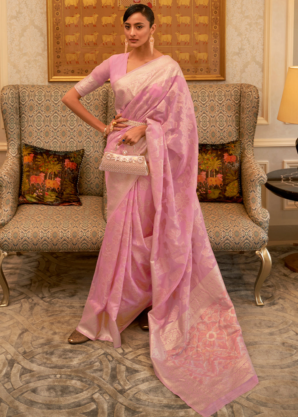 Vivid Pink Handloom Woven Silk Saree with Sequins work