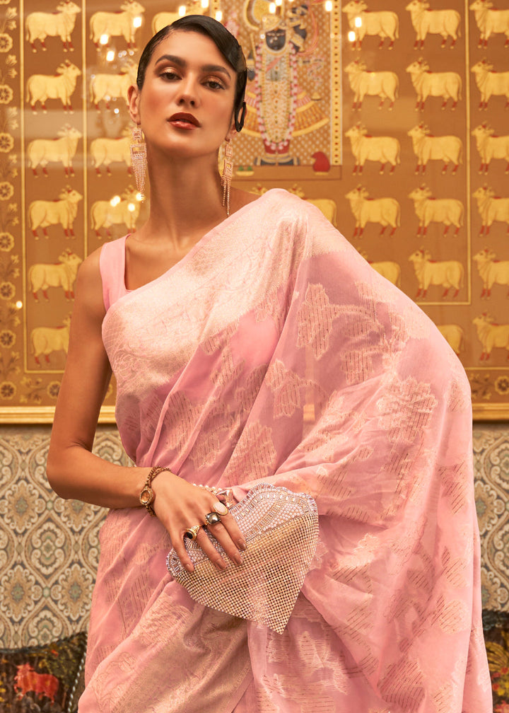 Flamingo Pink Handloom Woven Silk Saree with Sequins work