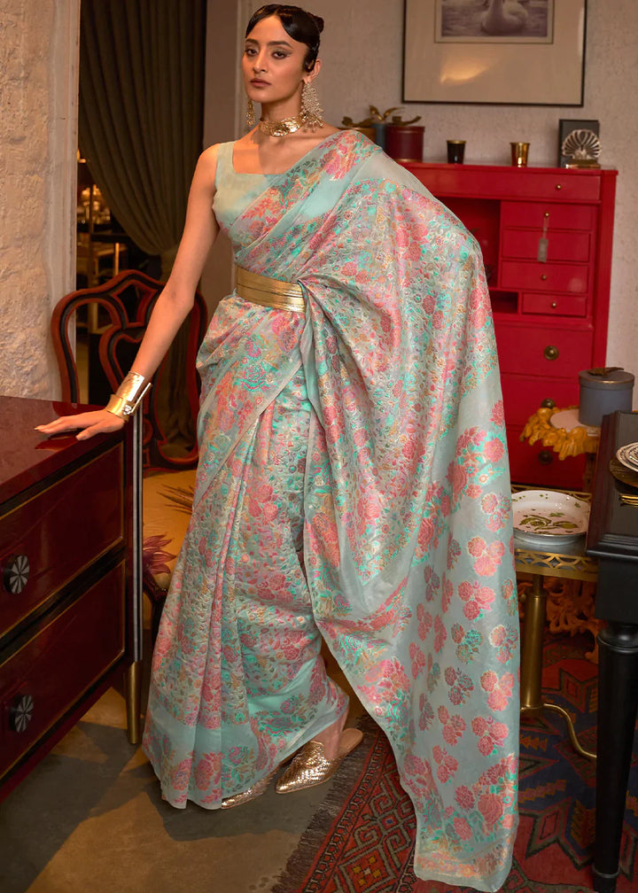 Powder Blue Kashmiri Handloom Weaving Silk Saree