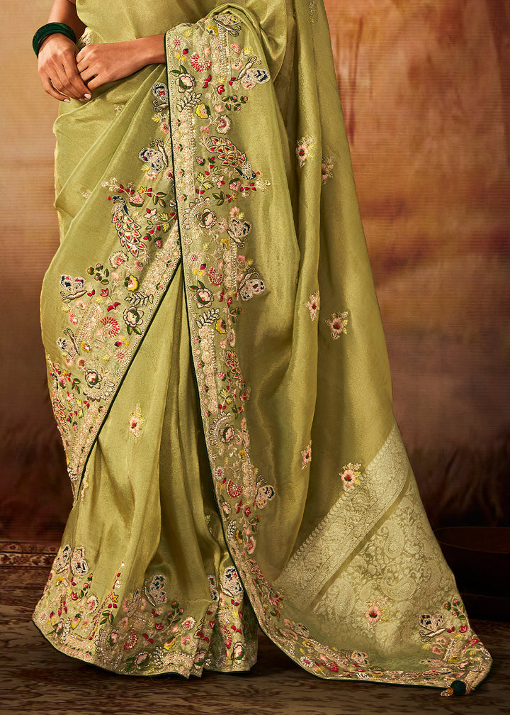 Light Avocado Green Woven Banarasi Silk Saree with Sequin,Stone,Zardosi,Khatli & Pearl work