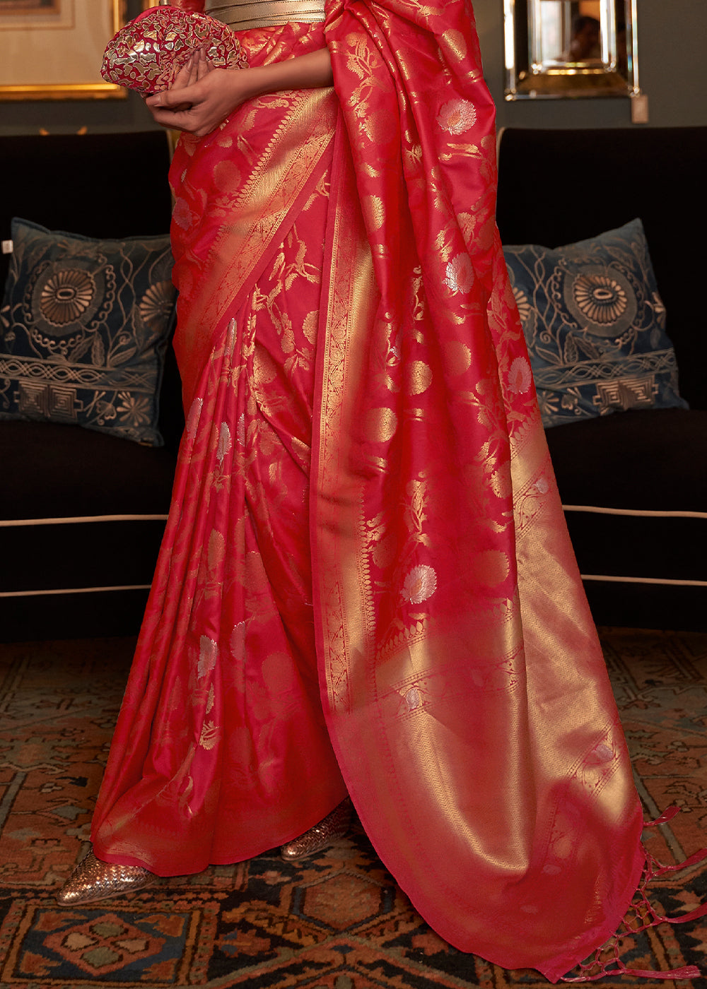 Bridal Red Woven Banarasi Silk Saree with Tassels on Pallu