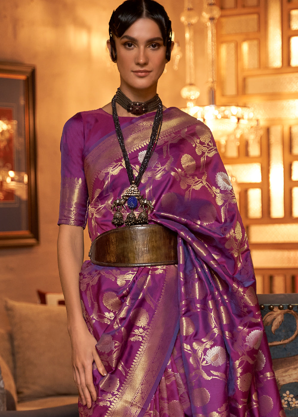 Royal Purple Woven Banarasi Silk Saree with Tassels on Pallu