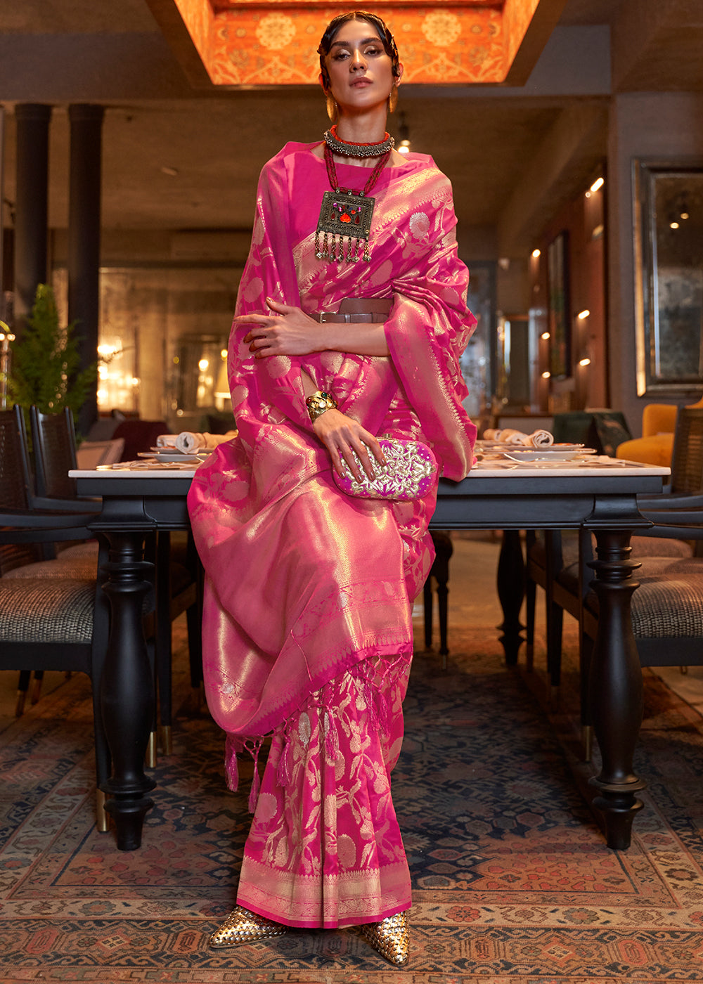 Hot Pink Woven Banarasi Silk Saree with Tassels on Pallu