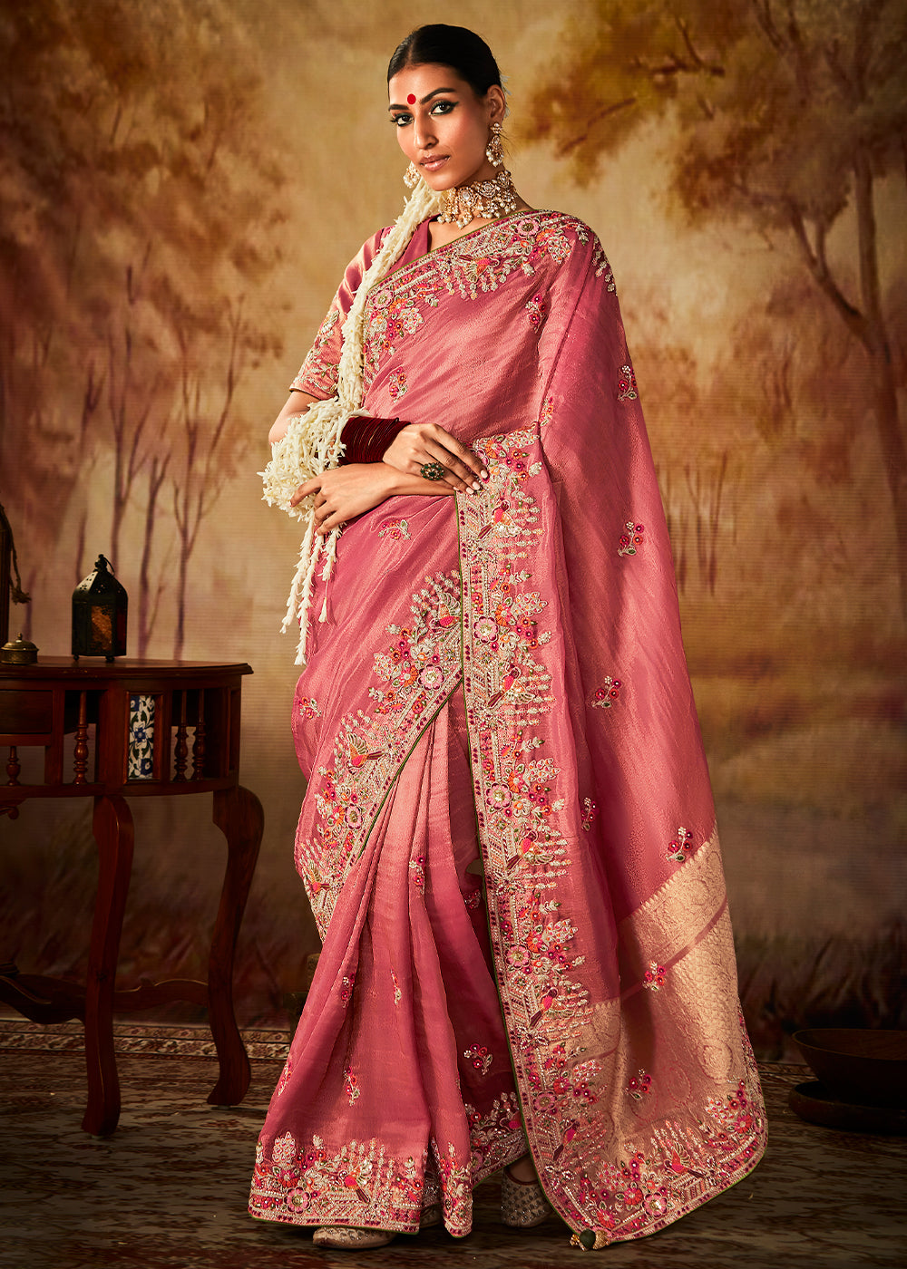 Rouge Pink Woven Banarasi Silk Saree with Sequin,Stone,Zardosi,Khatli & Pearl work