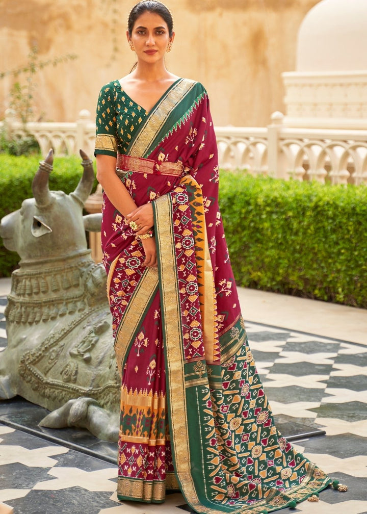 Red & Green Patola Silk Saree with Zari Border & Tassels On Pallu