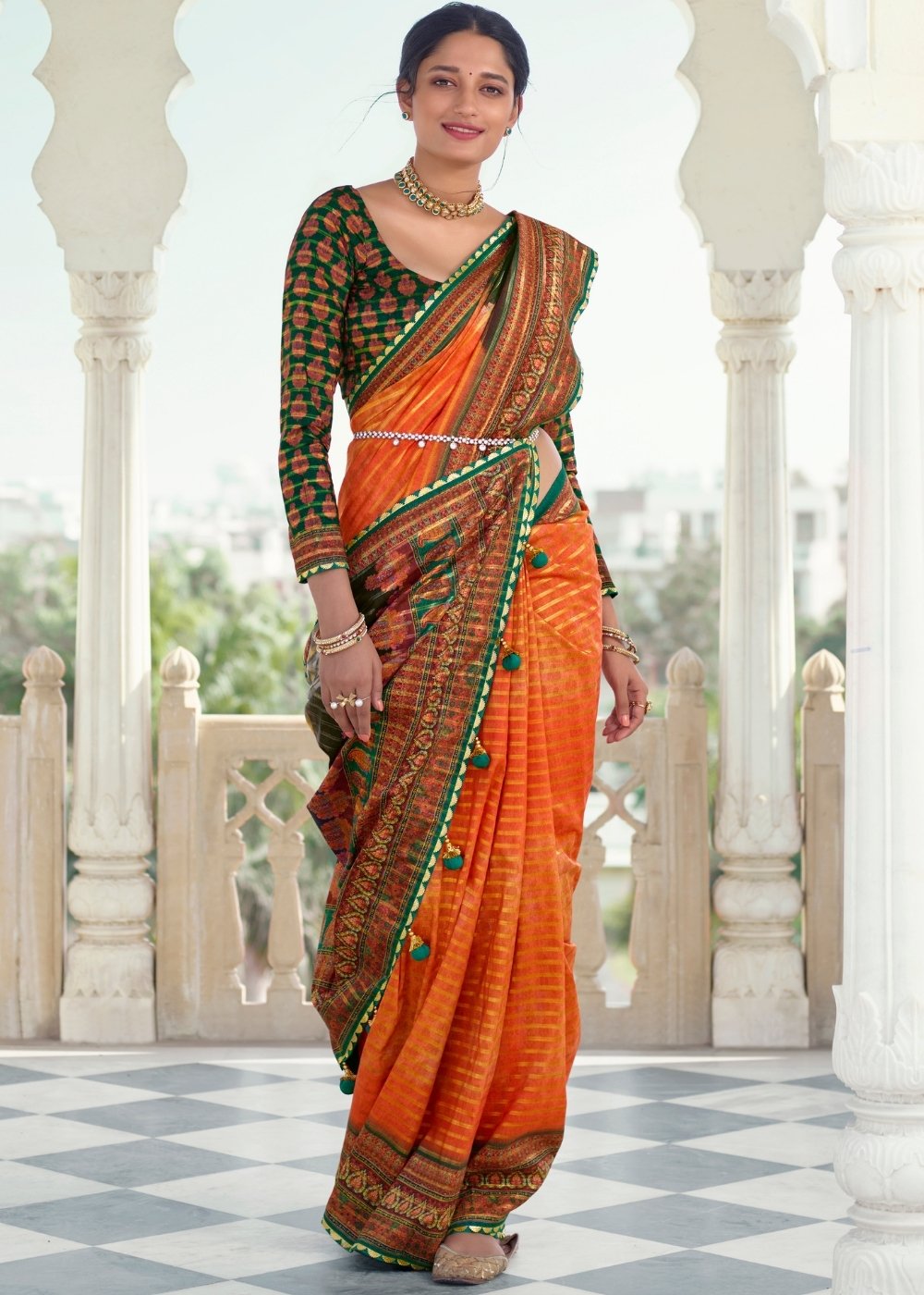 Fire Orange Digital Print Silk Saree