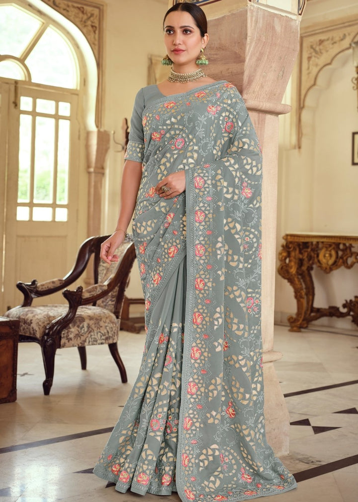 Lava Grey Designer Satin Georgette Saree with Gota & Resham work