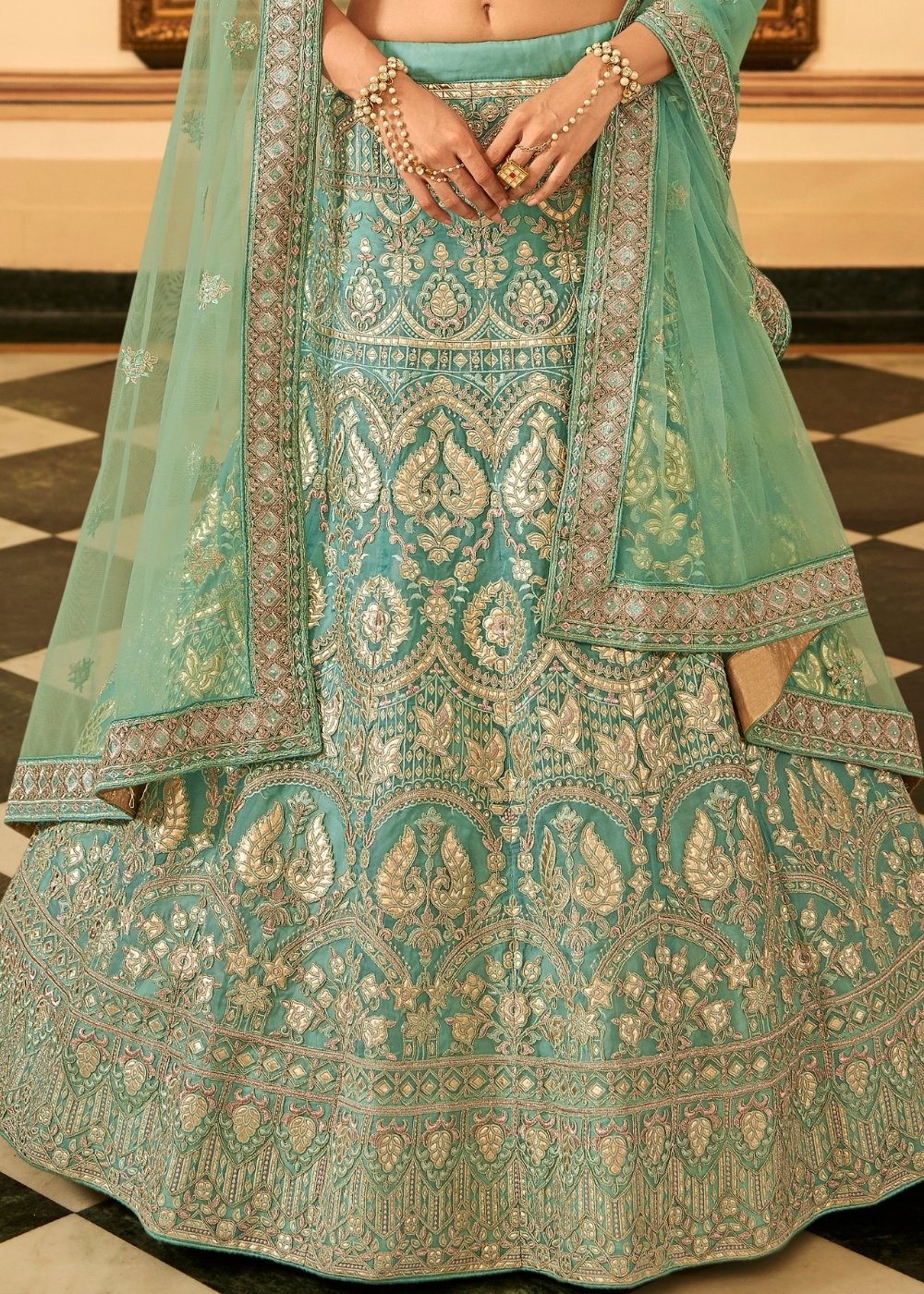 Turquoise Blue Organza Lehenga Choli with Zari, Dori, Resham, Gota & Zarkan work