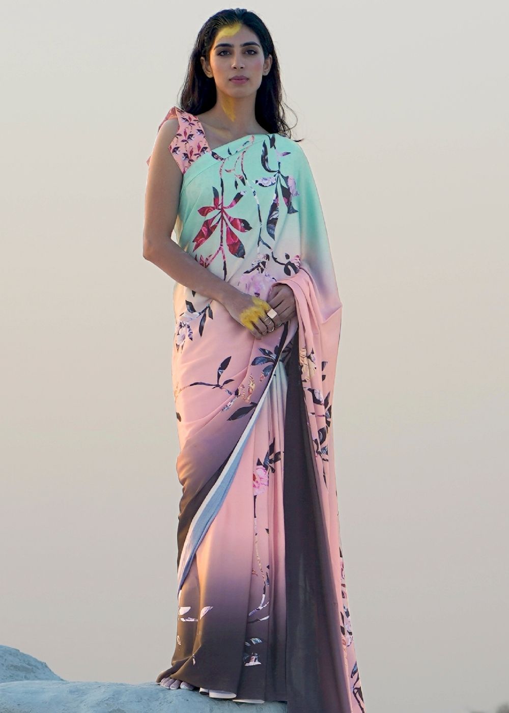 Arctic Blue and Pink Digital Printed Crepe Silk Saree