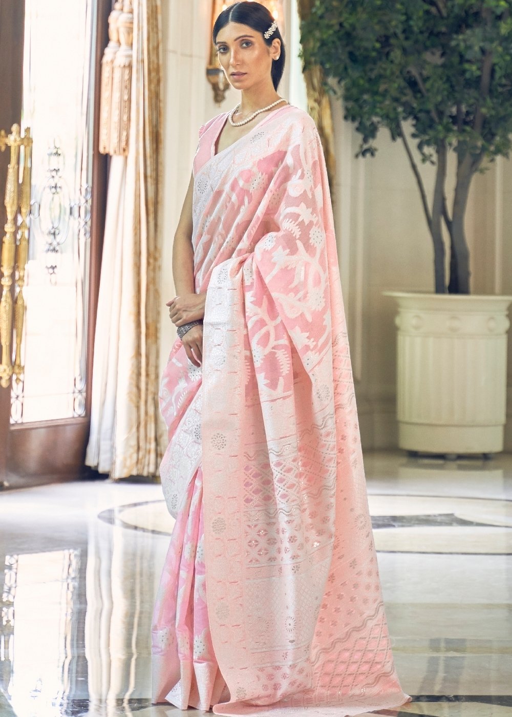 Baby Pink Lucknowi Chikankari Weaving Silk Saree