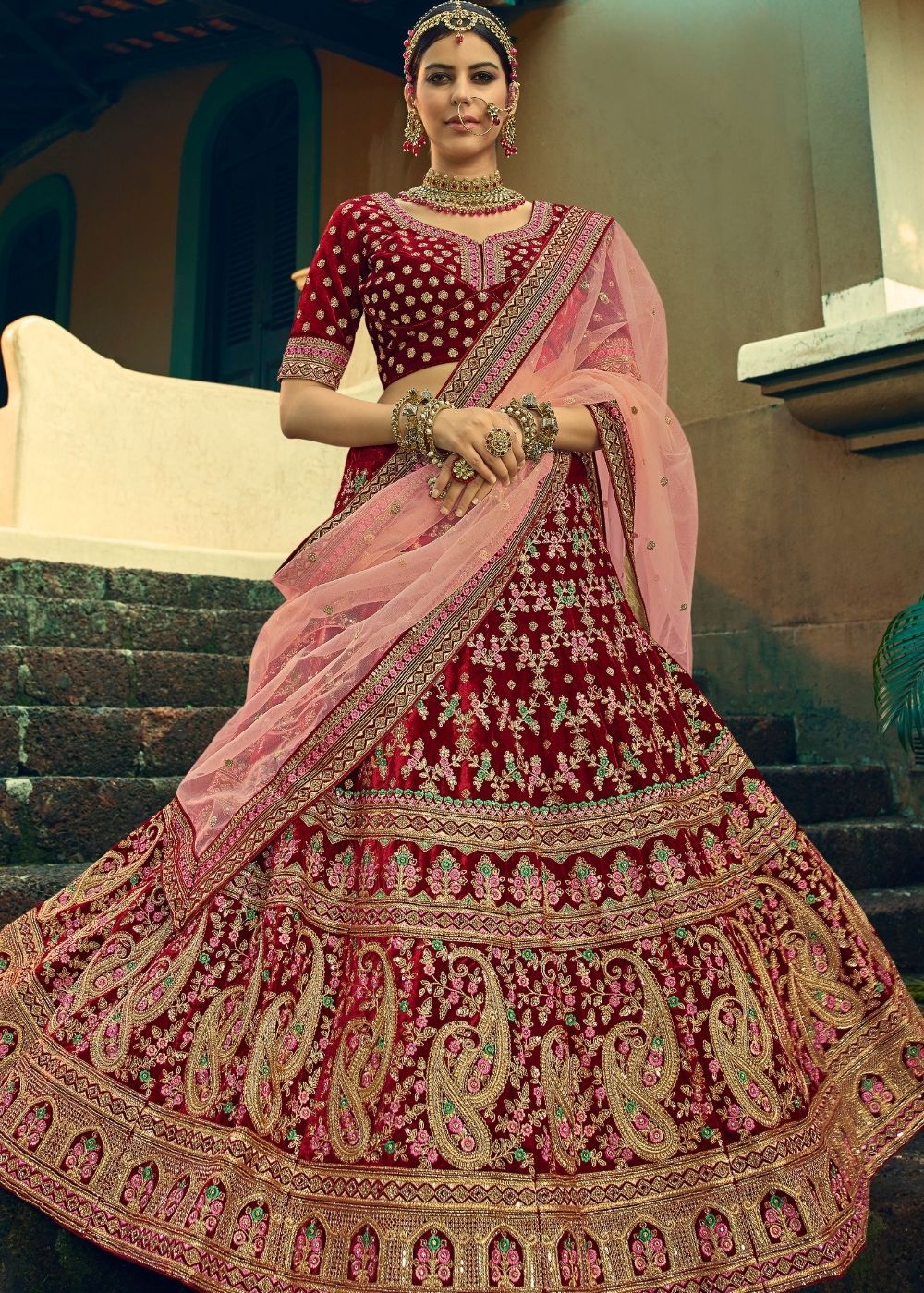 Sangria Red Bridal Velvet Lehenga Choli with Embroidery & Hand work