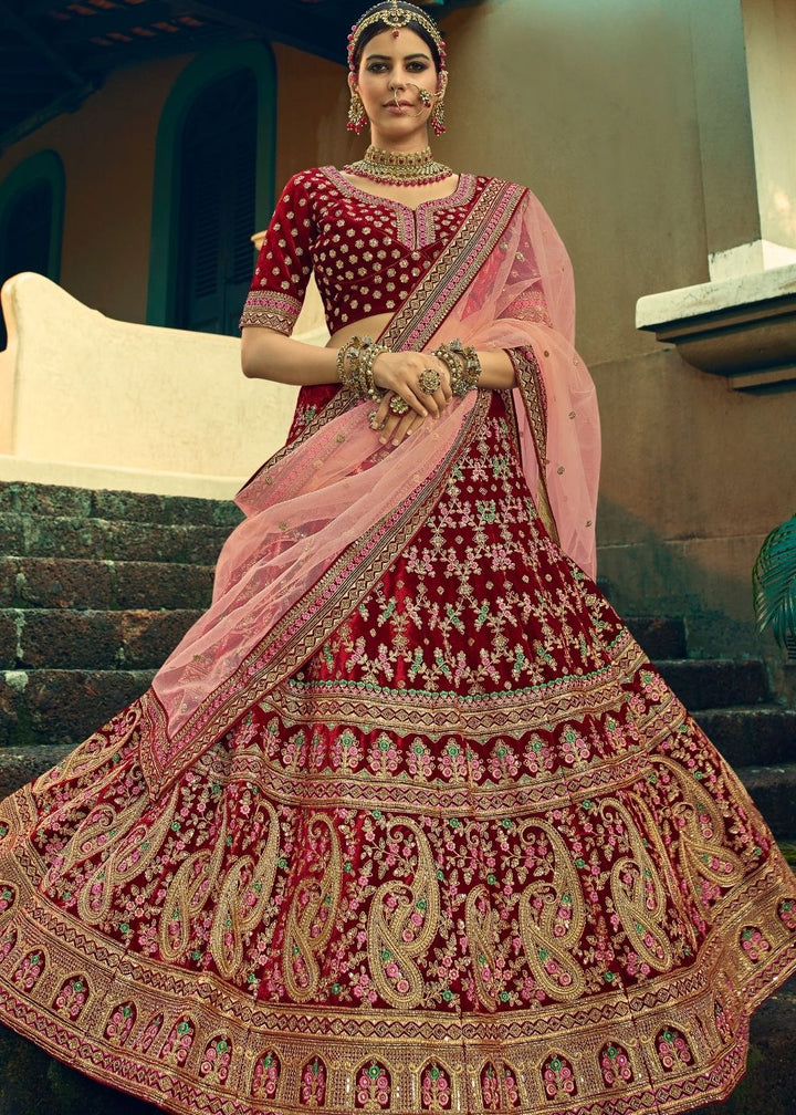 Sangria Red Bridal Velvet Lehenga Choli with Embroidery & Hand work